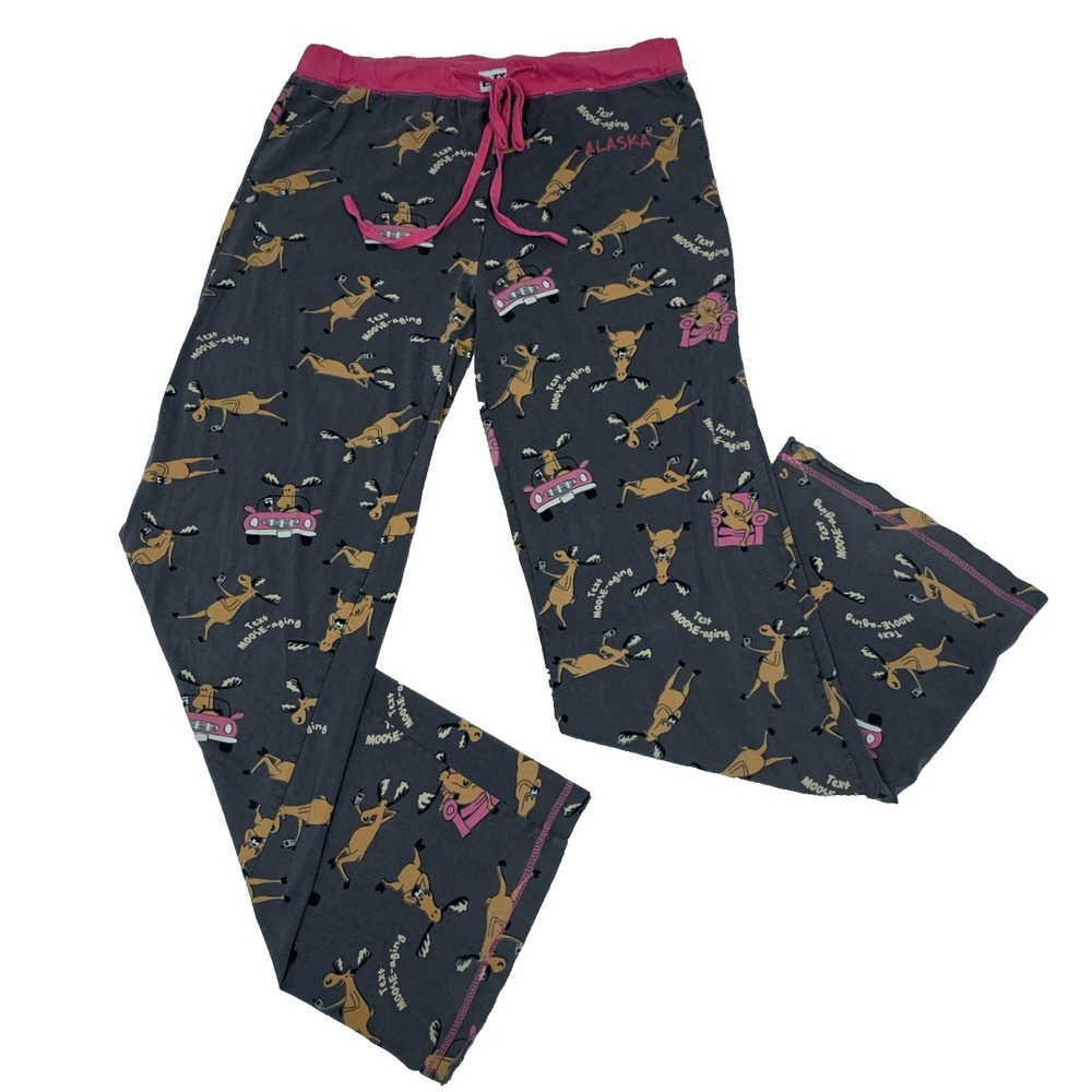 Lazy One Text Moose Yoga PJ Pant Womens M Gray Cotton Sleep Lounge